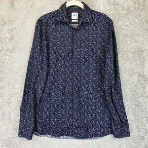 ZARA Shirt Mens Small Blue Slim Fit Paisley Floral Button Up Long Sleeve Casual